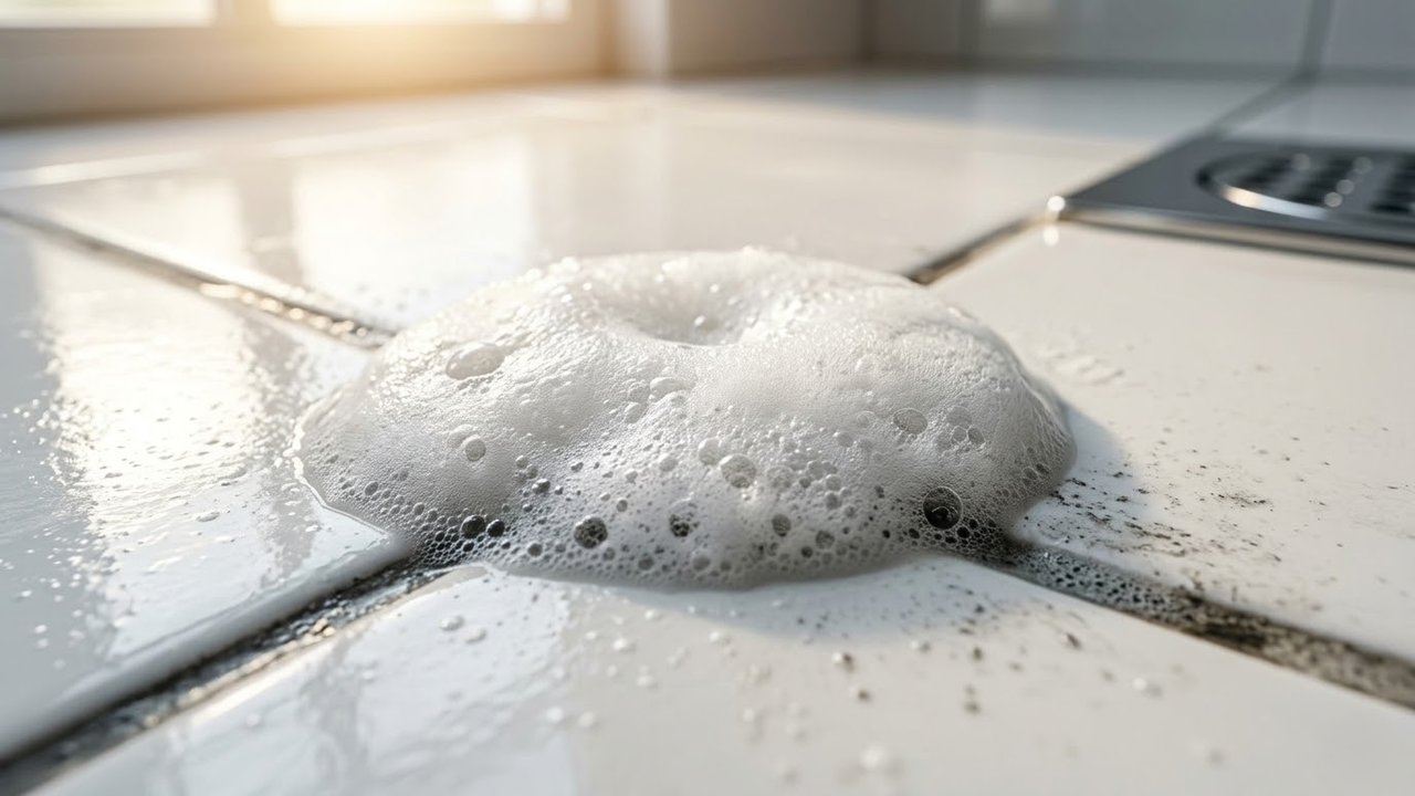 Espuma branca efervescente reagindo sobre o rejunte encardido do piso.