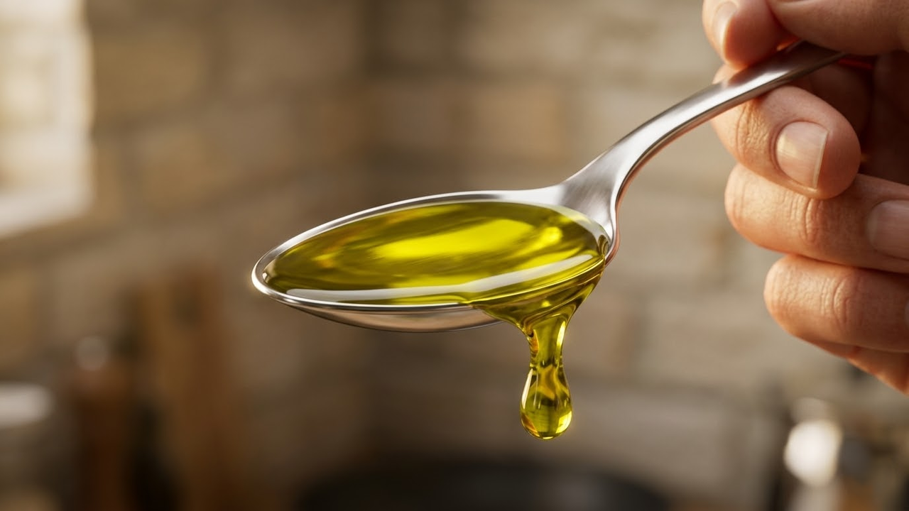 Colher de sopa com azeite de oliva dourado sob luz matinal.