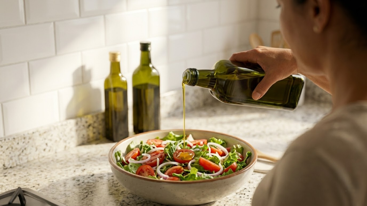 Azeite sendo despejado sobre salada fresca em cozinha clara.
