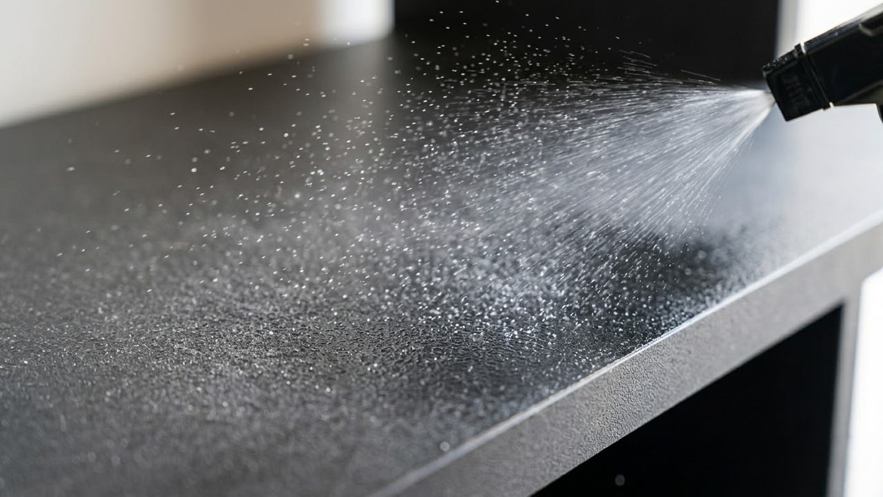 Close do spray sendo borrifado sobre prateleira de MDF escura.