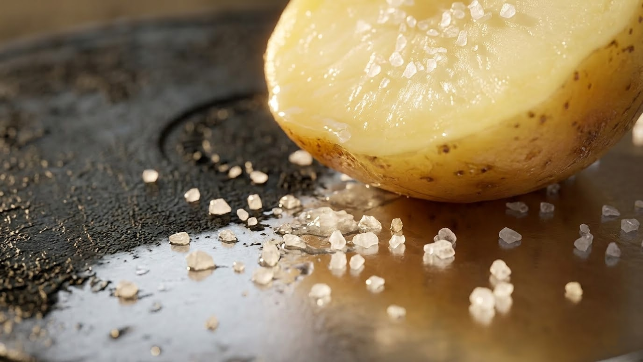 Close macro do sal e da polpa da batata agindo no metal queimado.