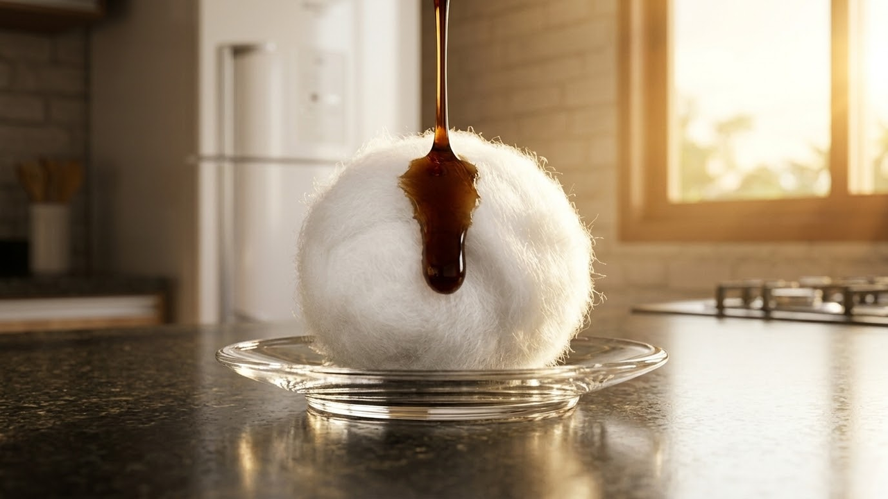 Close de gota de baunilha sendo absorvida por chumaço de algodão.