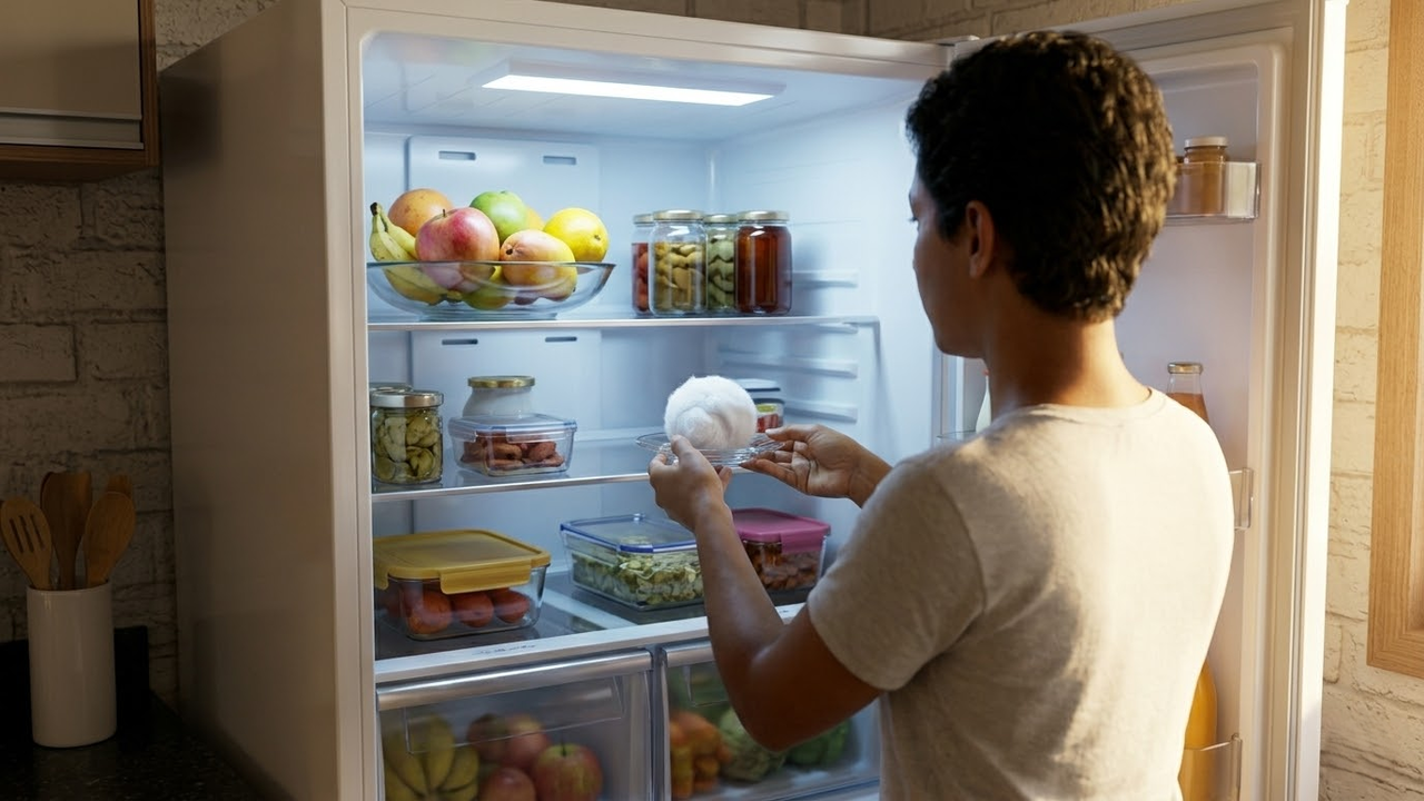 Pessoa colocando o pires com algodão perfumado dentro da geladeira.