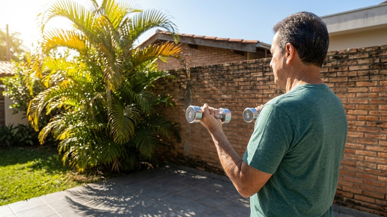 Homem de 60 anos treinando com pesos pequenos no quintal de casa.