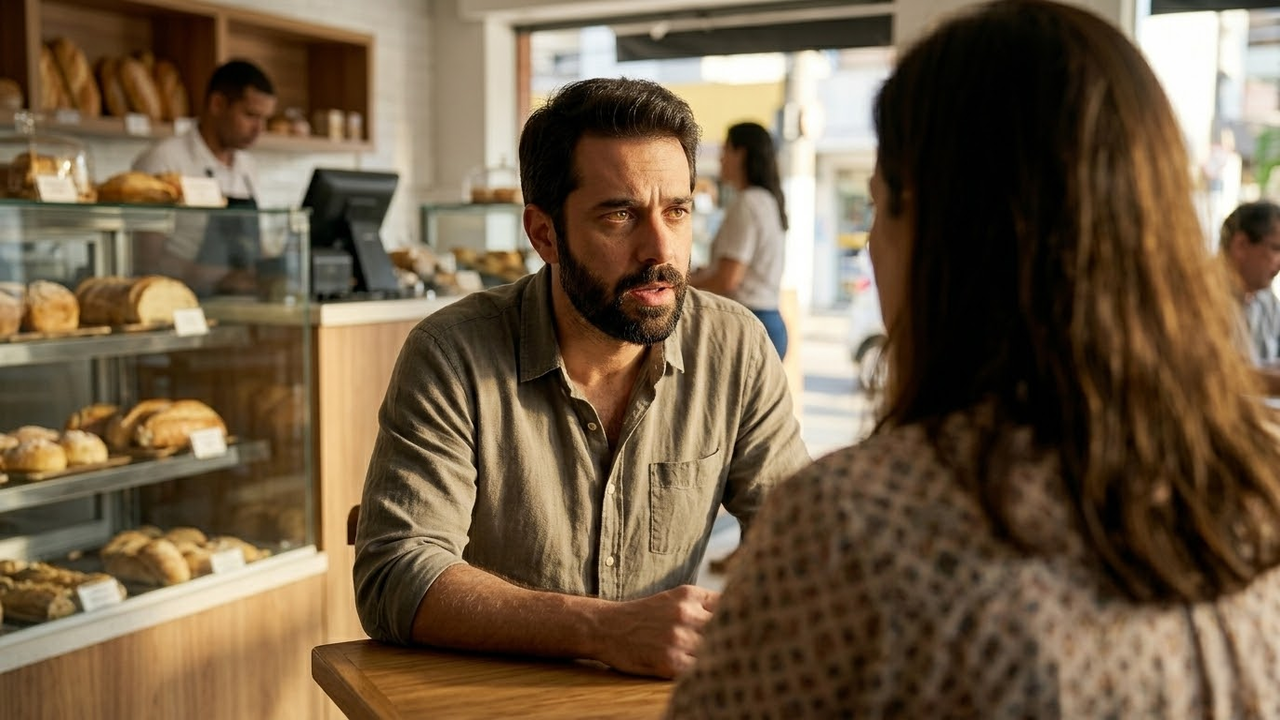 Pessoa sendo interrompida em ambiente de padaria brasileira.