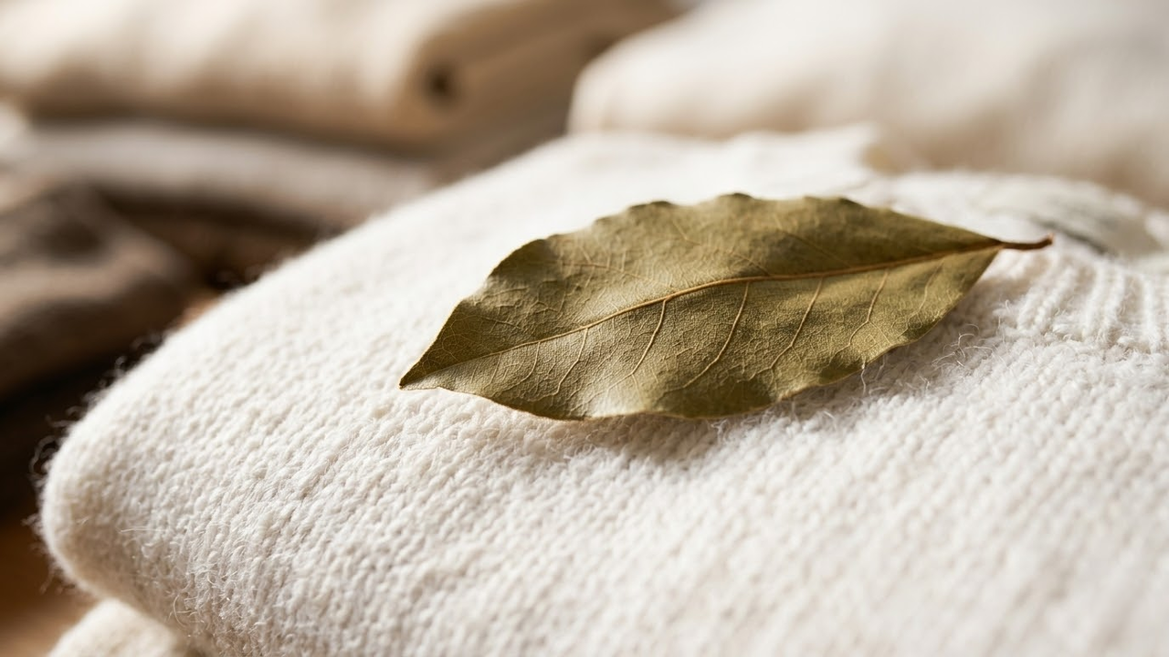 Detalhe macro de folha de louro seca sobre fibra de algodão branco.