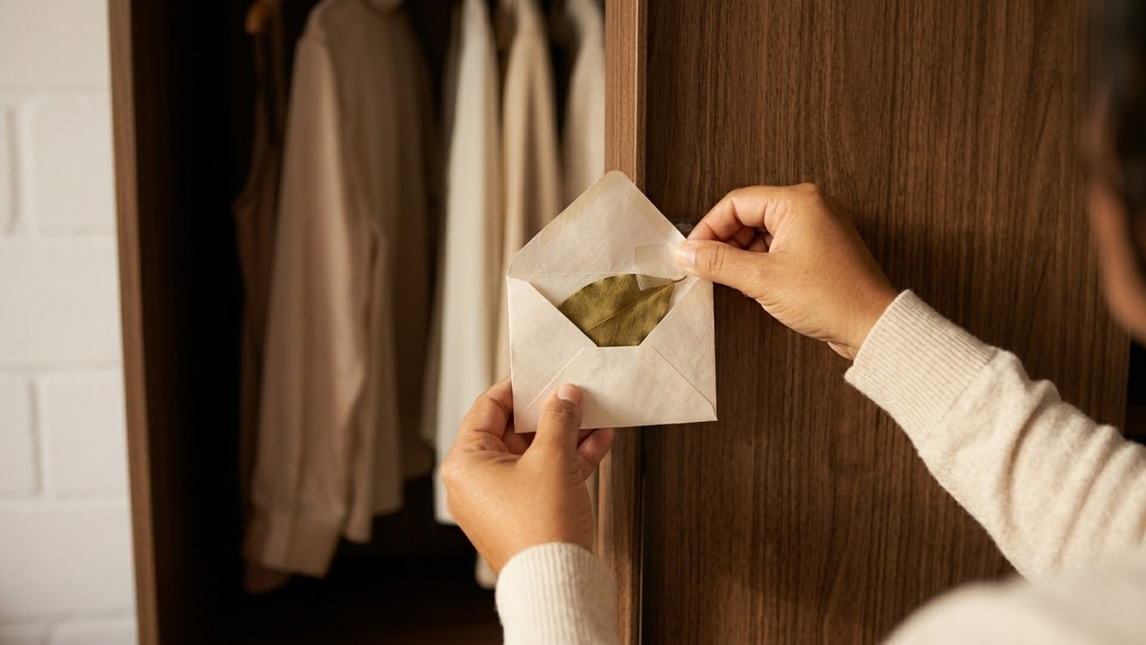 Visão subjetiva colando envelope com louro na porta do armário.