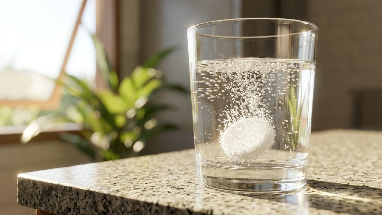 Comprimido efervescente em copo de água na bancada da cozinha.