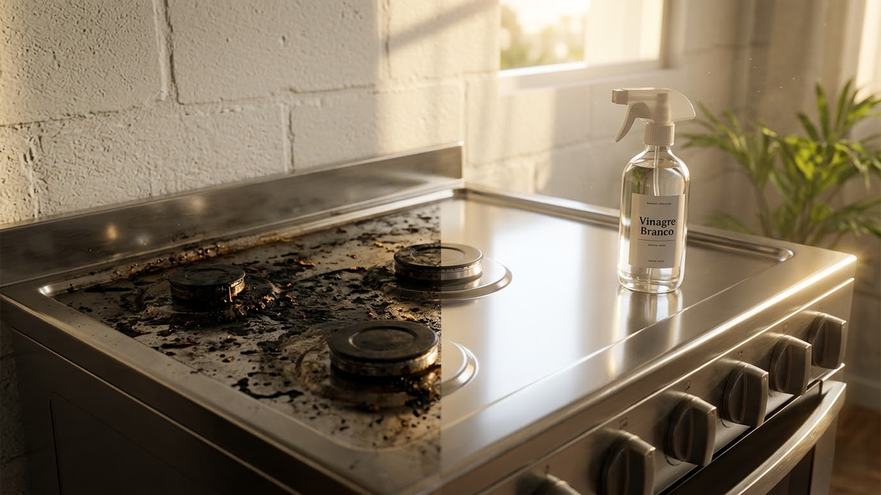 Fogão dividido ao meio: lado esquerdo com gordura queimada, lado direito brilhando sob a luz do sol.