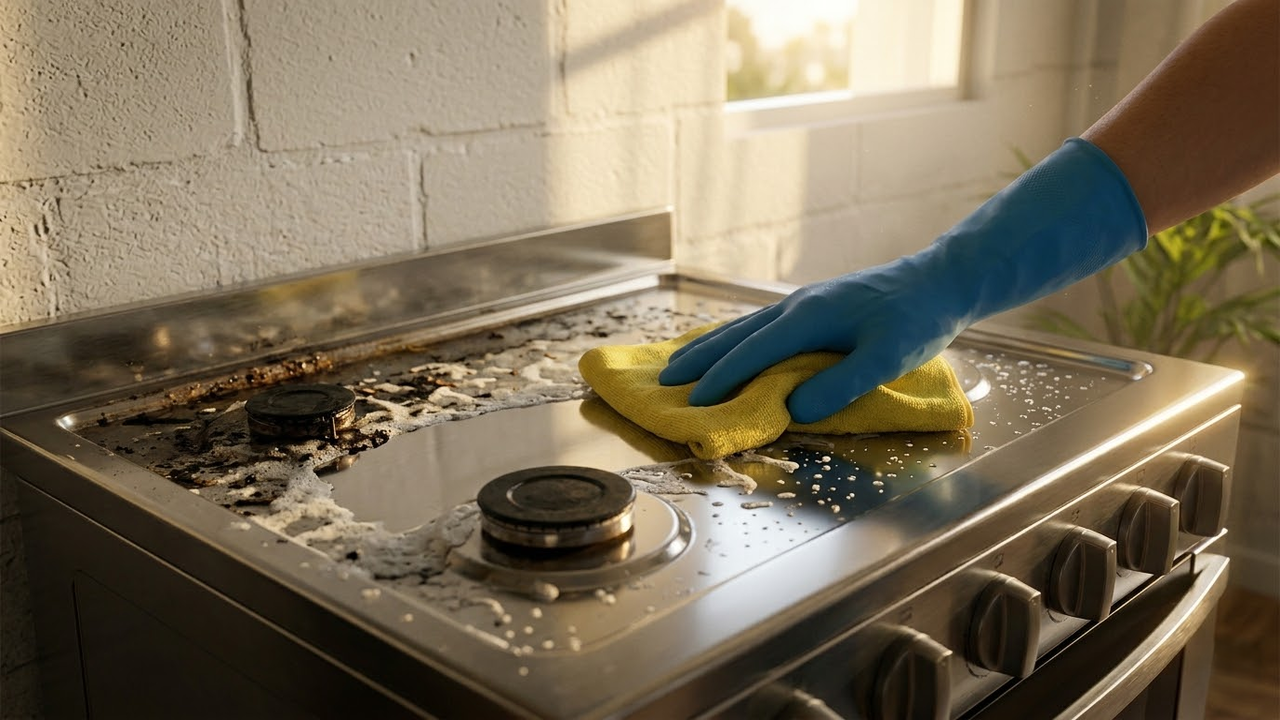 Mão com luva passando pano e revelando o brilho no inox, derretendo a gordura amolecida.
