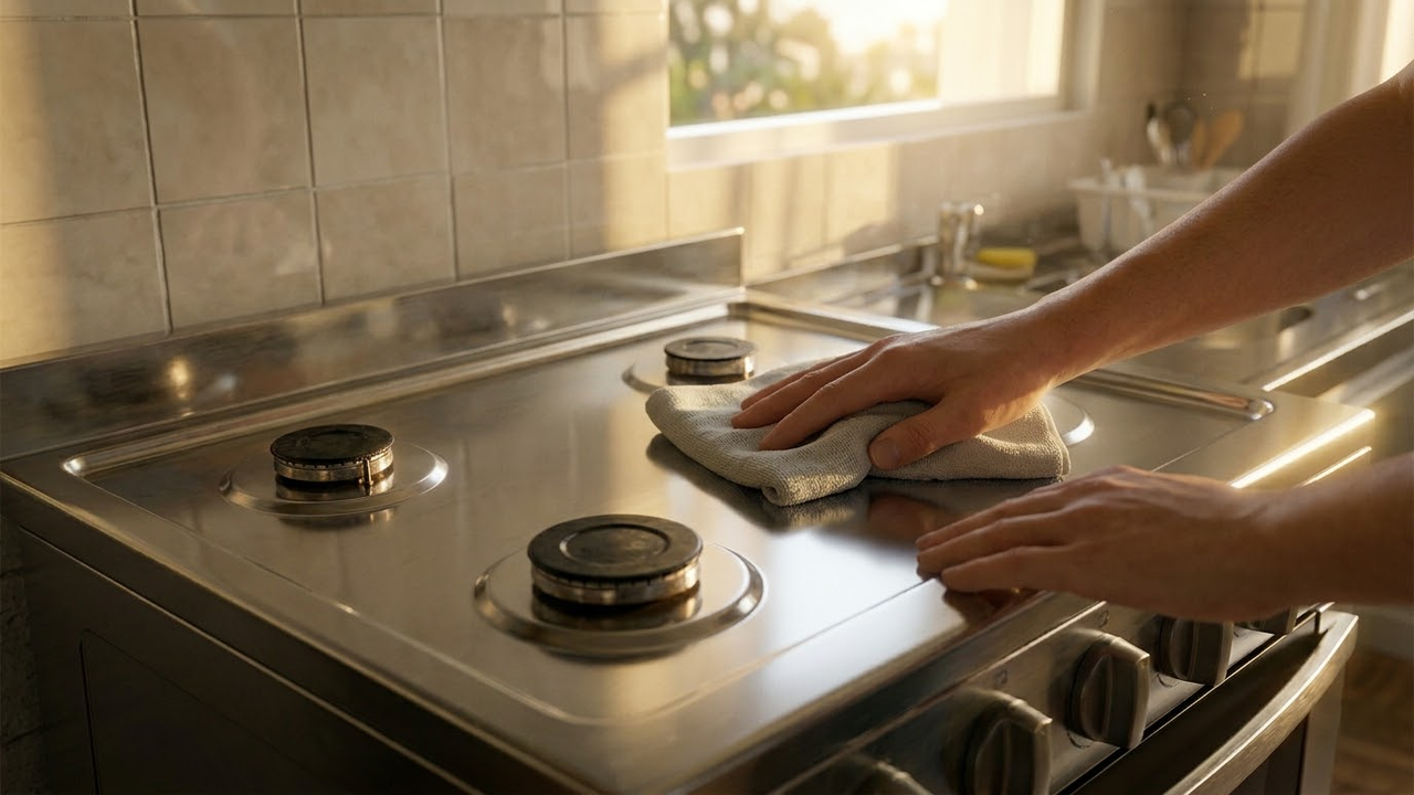 Visão subjetiva (POV) de fogão de inox perfeitamente limpo e espelhado, refletindo a luz da tarde.