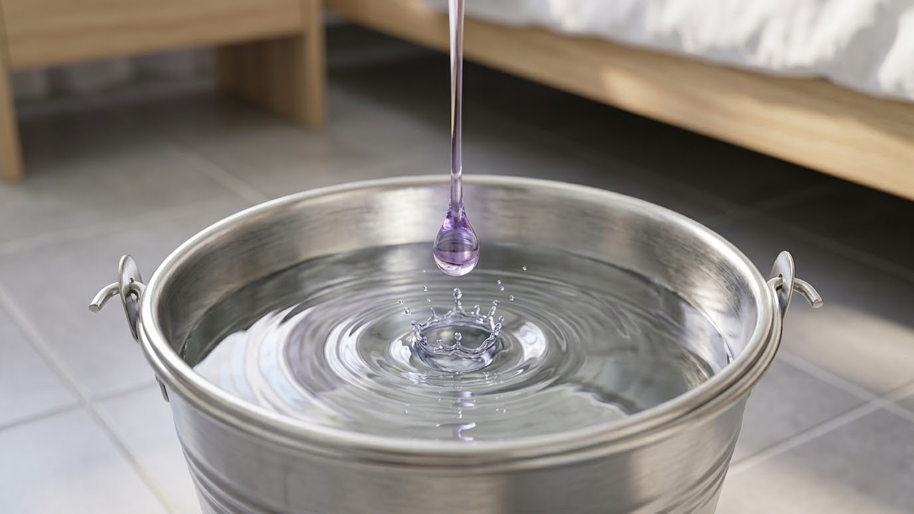 Close de uma gota de óleo de lavanda caindo em um balde de água cristalina