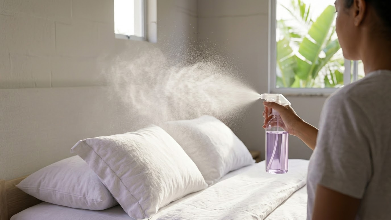 Pessoa borrifando névoa de lavanda sobre travesseiros de linho branco.