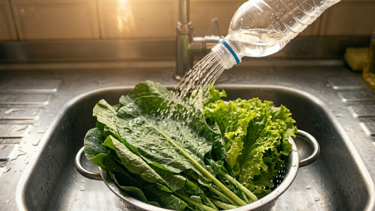 Visão subjetiva observando jato d'água saindo do extensor de PET sobre hortaliças verdes frescas em um escorredor na pia.