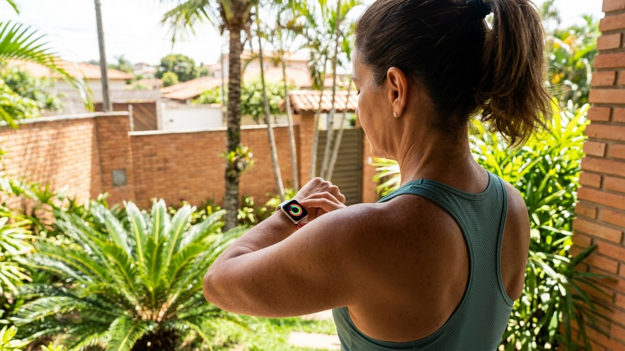 Mulher de 60 anos monitorando sua saúde em ambiente tropical ensolarado.