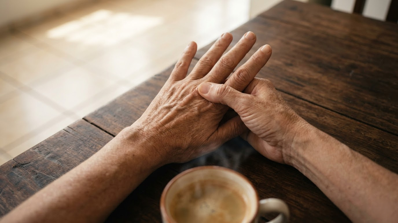 Ponto de vista de mãos maduras em um momento de introspecção doméstica.