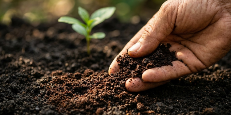 Close detalhado de mãos aplicando borra de café na terra úmida.