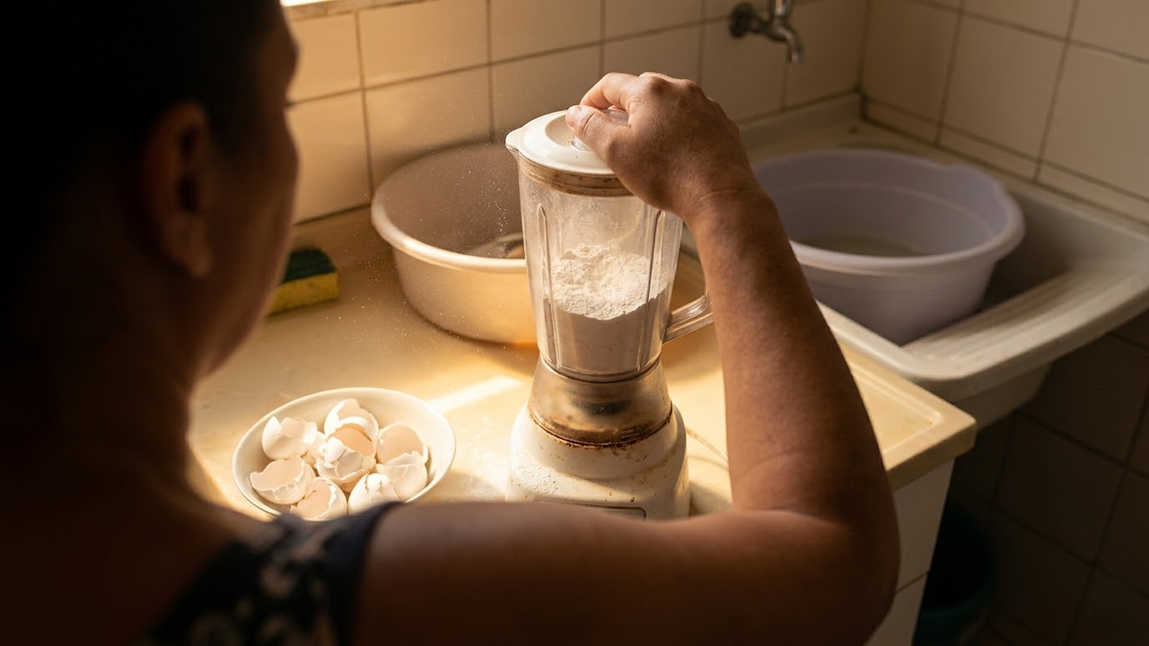 Preparo caseiro de farinha de casca de ovo em ambiente doméstico.