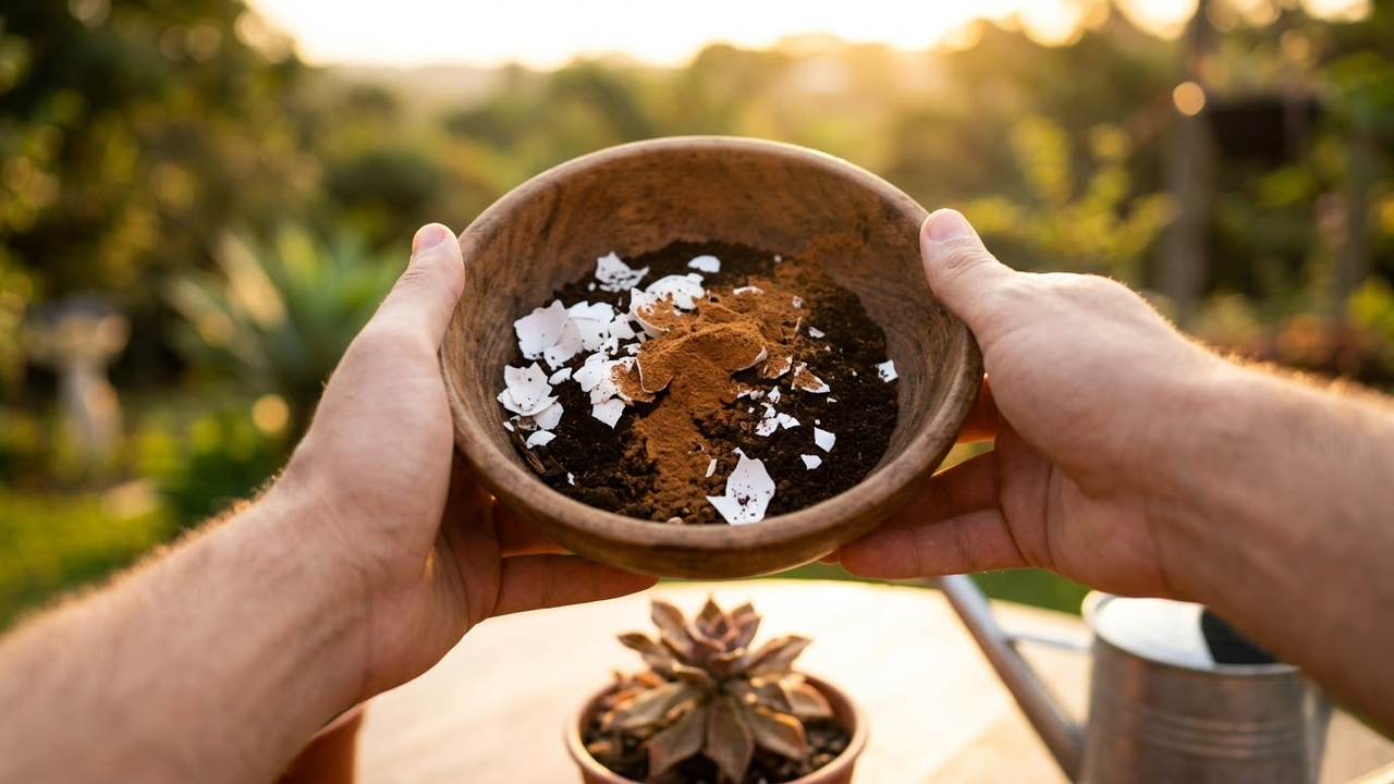 Visão em primeira pessoa misturando os três adubos naturais em uma tigela.