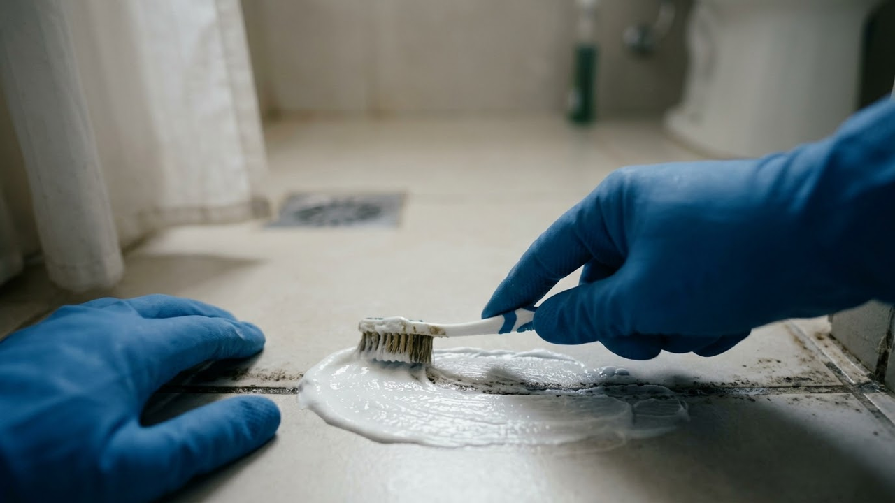 Visão em primeira pessoa aplicando a pasta clareadora com uma escova.