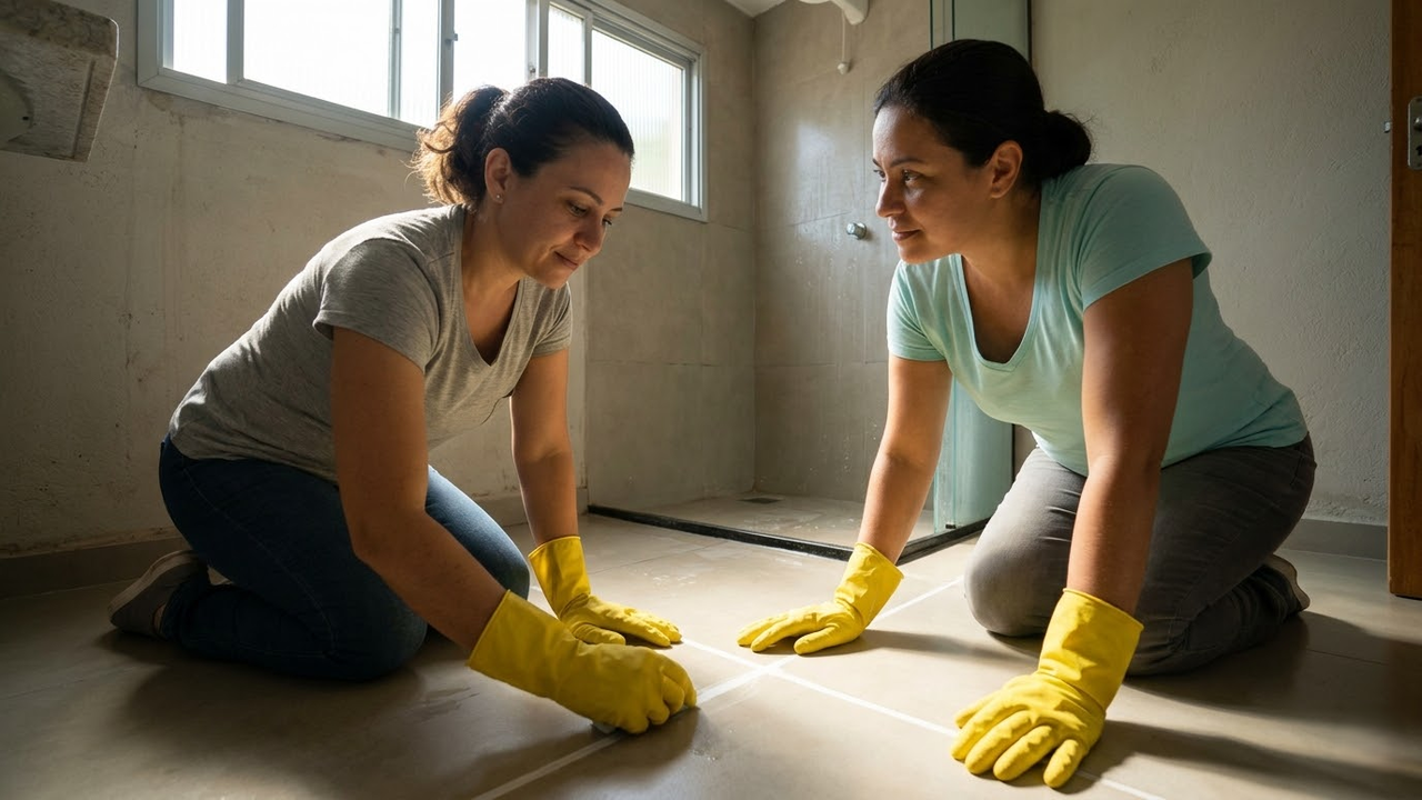 Mulher observando satisfeita o resultado da limpeza no chão do banheiro.