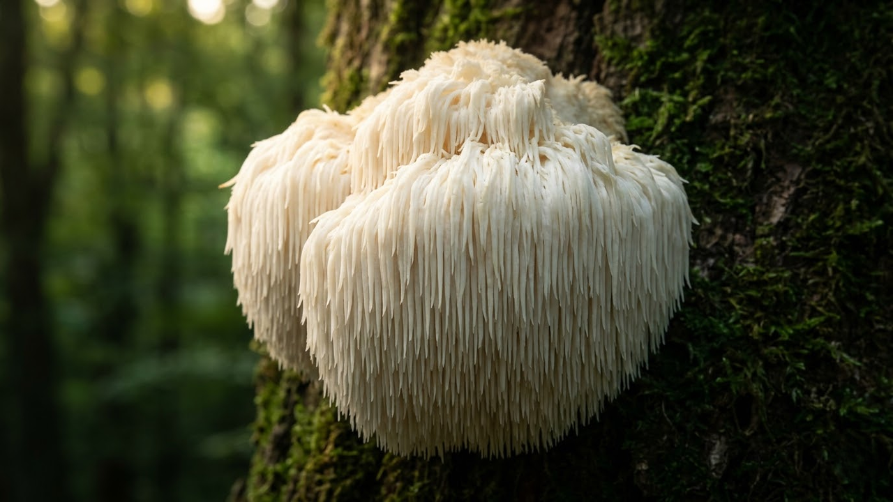 Close majestoso do cogumelo juba-de-leão com iluminação dourada natural.
