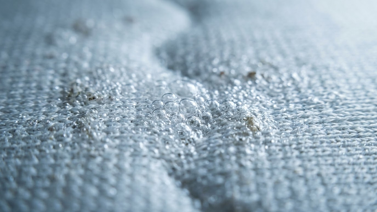 Macro das bolhas de oxigênio limpando as fibras do tecido.