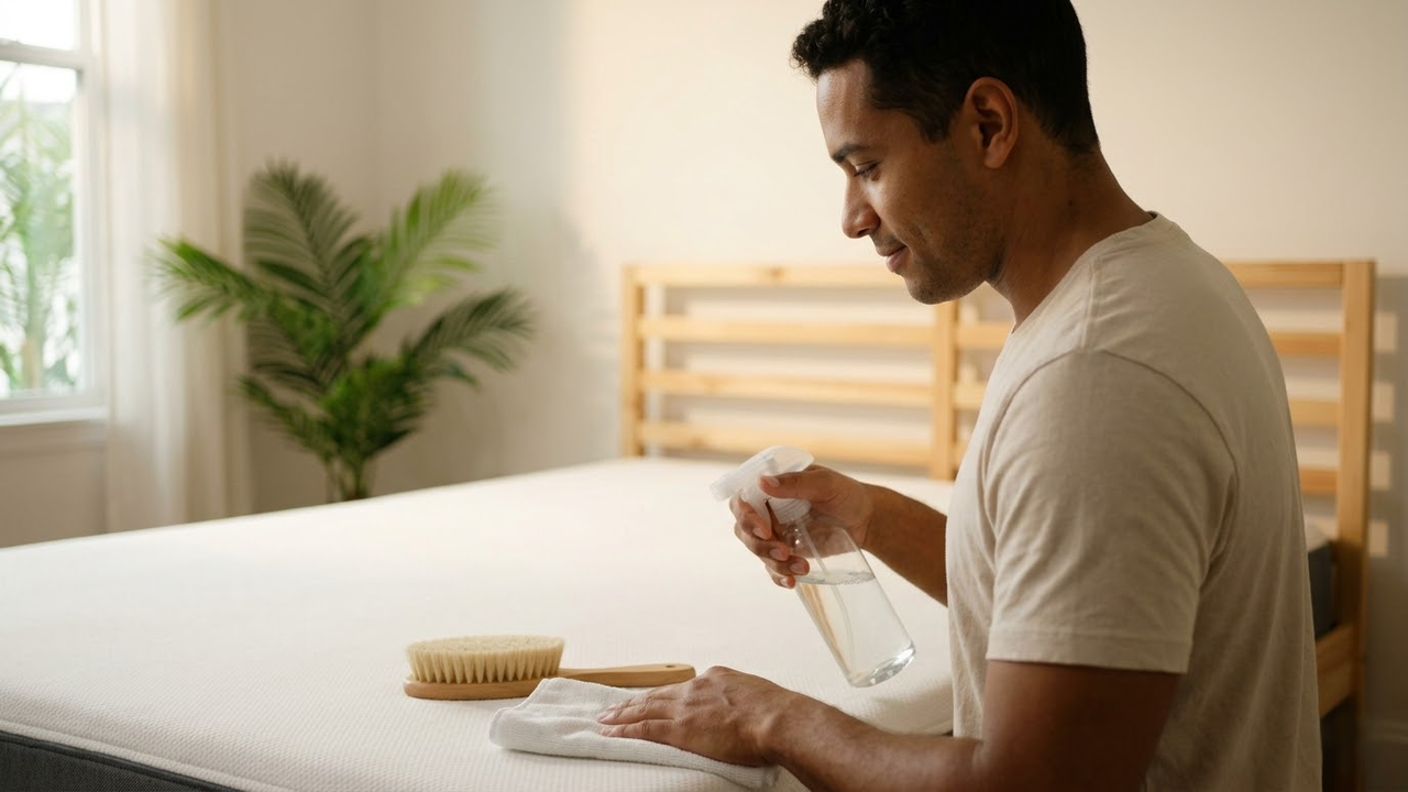 Homem limpando o colchão em quarto iluminado pelo pôr do sol.
