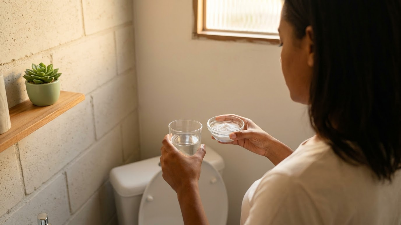 Mulher brasileira preparando os ingredientes naturais no banheiro.
