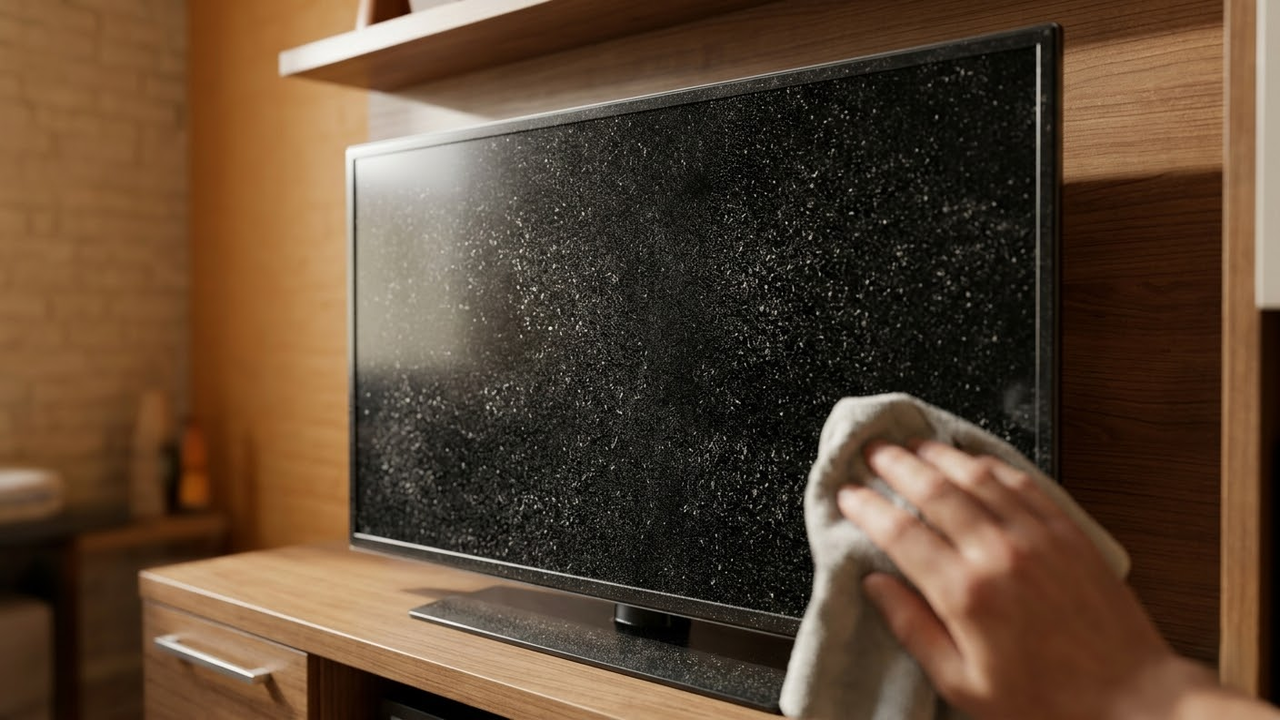 Visão em primeira pessoa de poeira acumulada em tela de TV sob luz solar forte