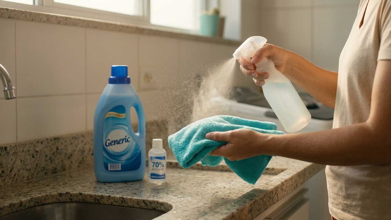 Mão borrifando a mistura de amaciante em pano de microfibra sobre bancada