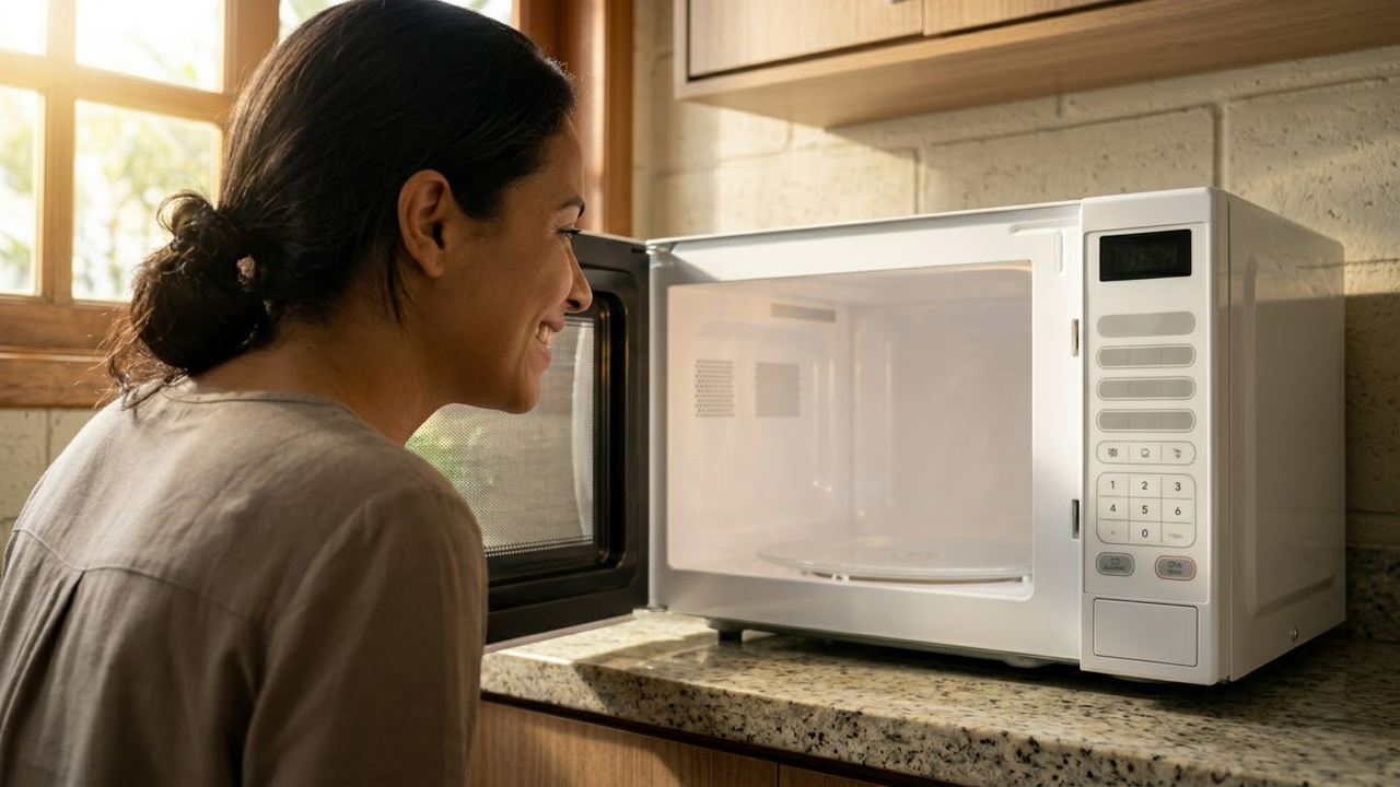 Mulher satisfeita observando o micro-ondas limpo em cozinha clara.