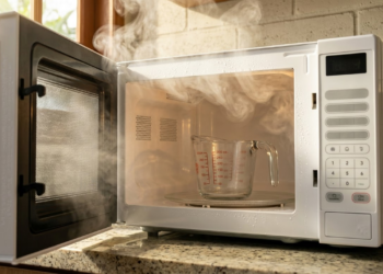 Xícara de vidro fumegante dentro de um micro-ondas impecável.