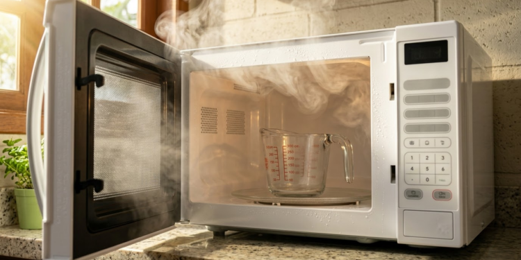 Xícara de vidro fumegante dentro de um micro-ondas impecável.