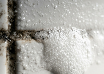 Macro da reação efervescente limpando o rejunte encardido.