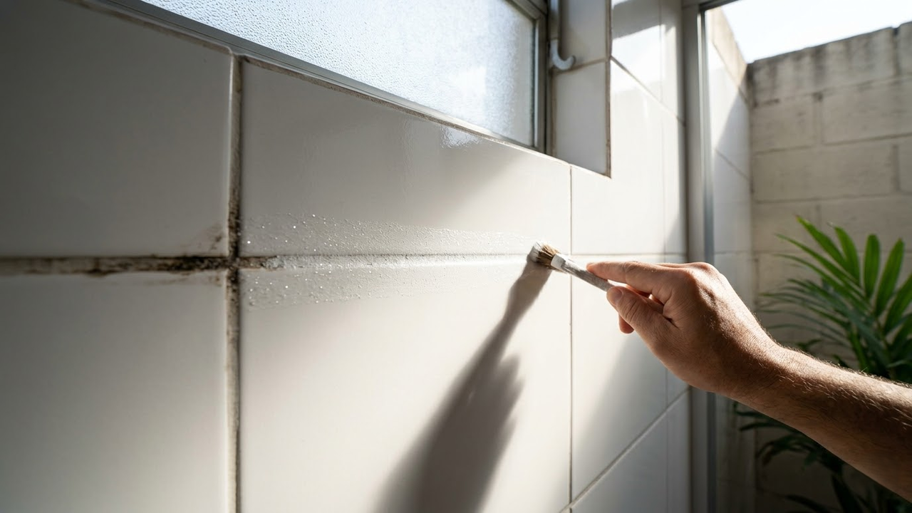 Rejunte sendo branqueado sob luz solar intensa em banheiro real.