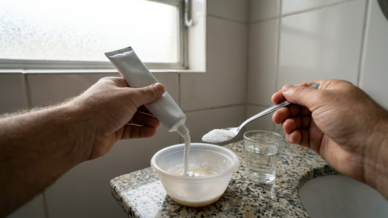 Visão em primeira pessoa preparando a mistura de limpeza.
