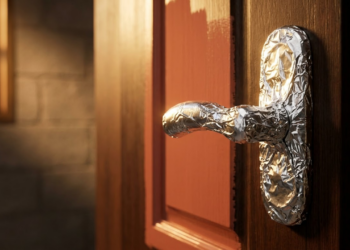 Maçaneta protegida com papel alumínio sob luz dourada de reforma.