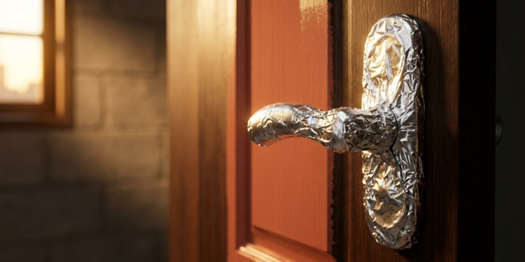 Maçaneta protegida com papel alumínio sob luz dourada de reforma.