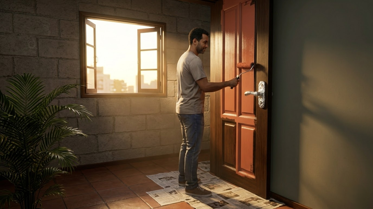 Homem pintando porta em sala brasileira com proteção na maçaneta.