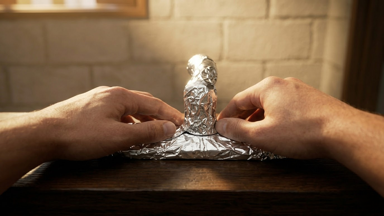 Visão em primeira pessoa moldando papel alumínio na fechadura.