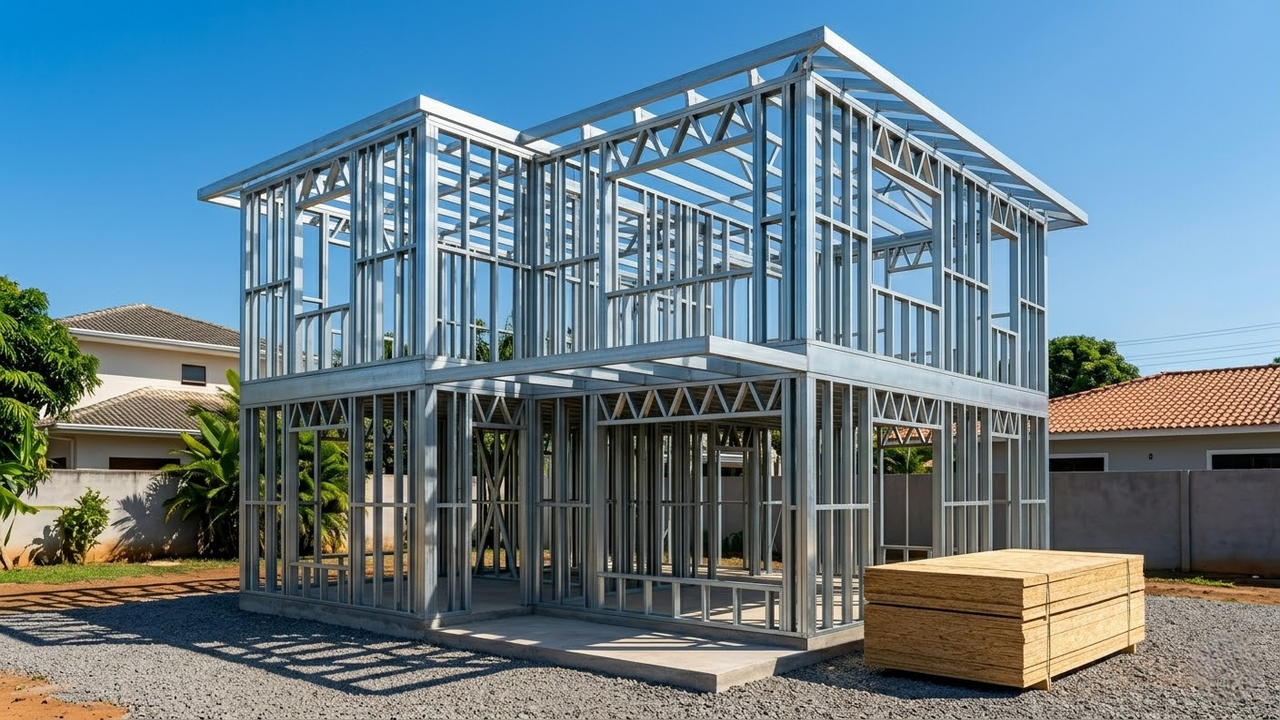 Canteiro de obras de steel frame totalmente limpo e organizado, sem entulho ou desperdício.