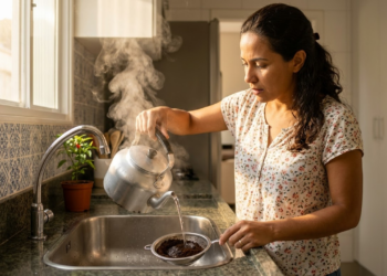 Mulher Brasileira despejando água fervente sobre borra de café na pia da cozinha.