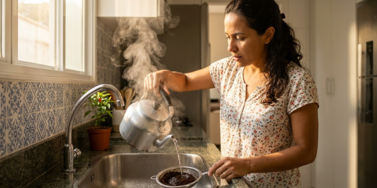 Mulher Brasileira despejando água fervente sobre borra de café na pia da cozinha.