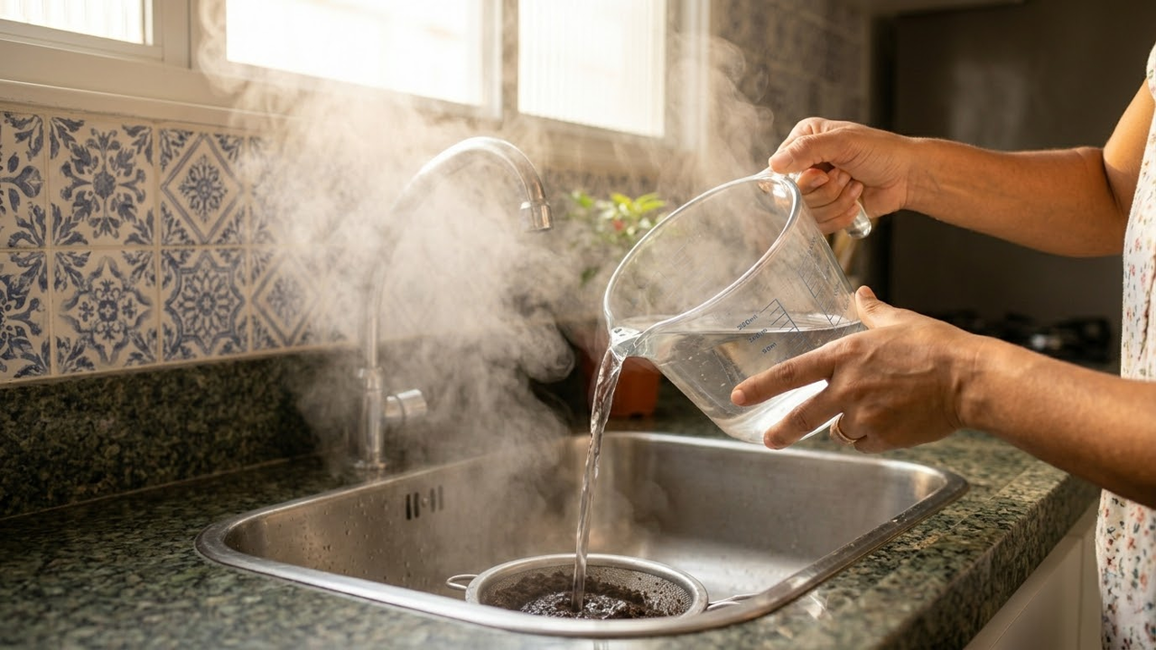 Vapor subindo da pia enquanto água quente é despejada para dissolver a gordura.