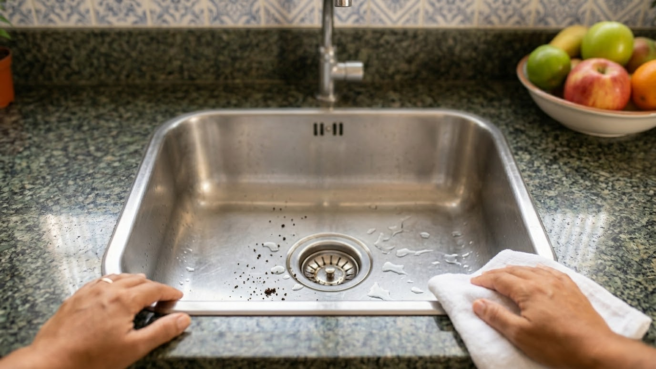 Visão em primeira pessoa de uma pia limpa e brilhante após o processo.