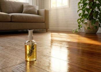 Piso de madeira com brilho restaurado em contraste com área riscada sob luz solar.