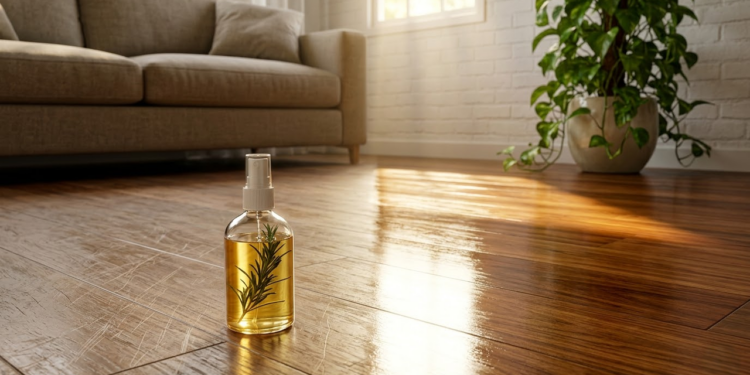 Piso de madeira com brilho restaurado em contraste com área riscada sob luz solar.