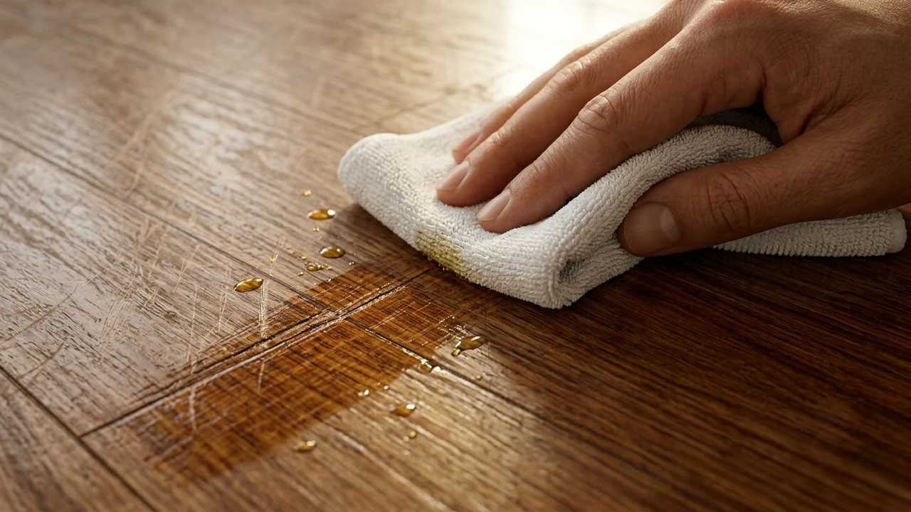 Close detalhado de pano de microfibra removendo risco de piso de madeira escuro.
