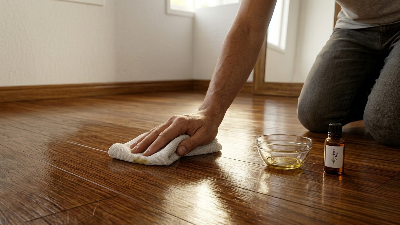 Pessoa finalizando o polimento do assoalho de madeira em uma sala iluminada.